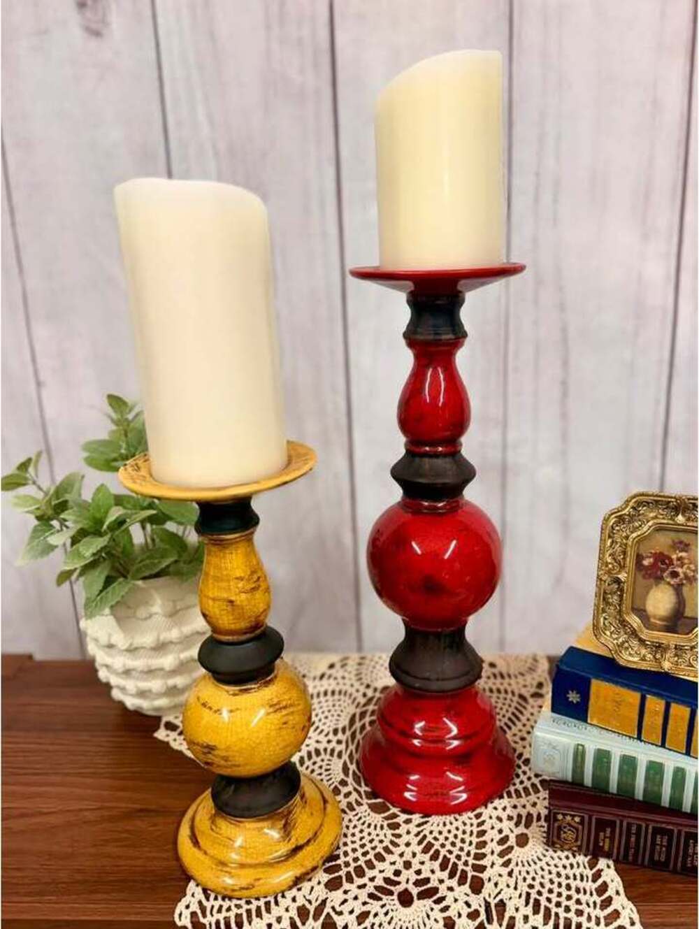 Large Crackle Glaze Ceramic Pillar Candle Holders Red Yellow Black Set of 2